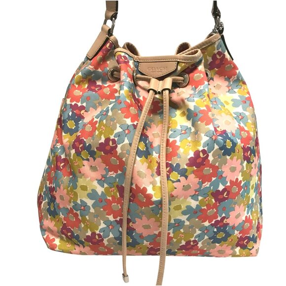 COACH Hadley Shoulder Bag Pink Floral Cynch Bucket Bag Flowers EUC - Picture 1 of 13